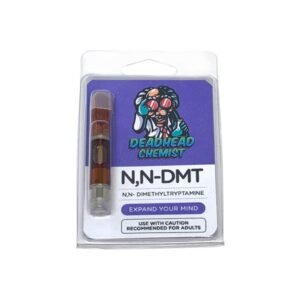 DMT vape cartridge with golden extract on white background
